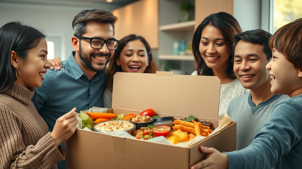 Family enjoying convenient restaurant delivery with diverse fresh cuisine.