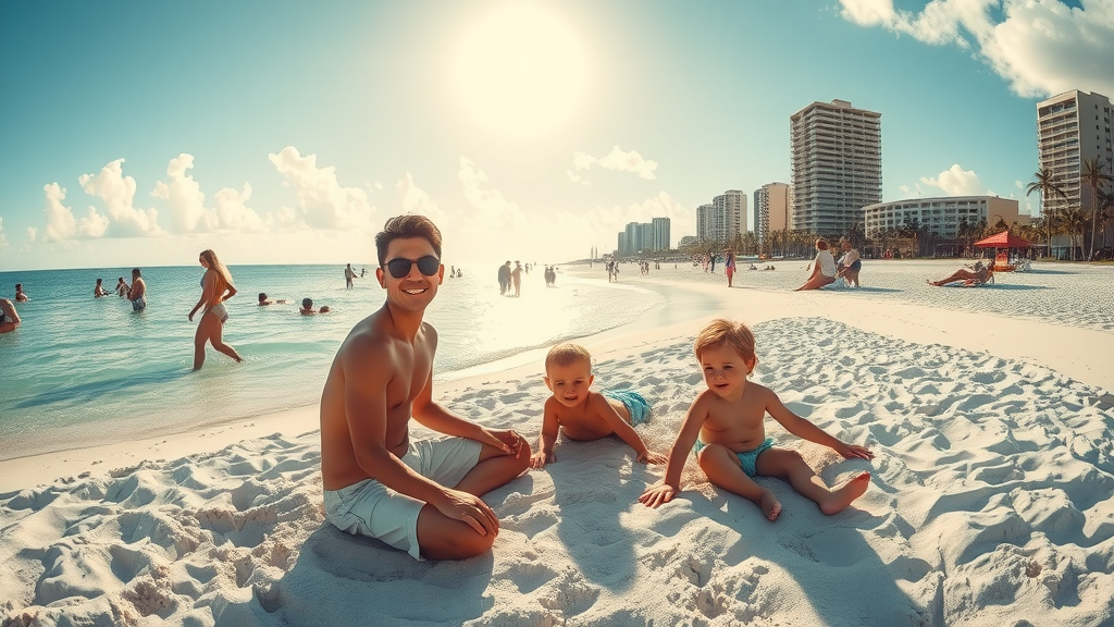 sunlit Miami beach scene, relaxed expressions, families playing in the sand