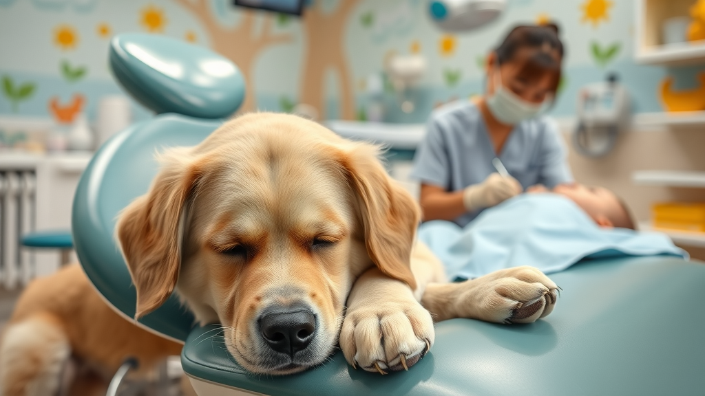 Emotional support dog comforting child at pediatric dental visit, Dentistry & Orthodontics