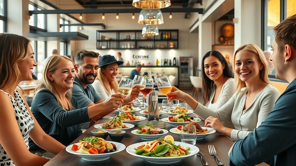 Group of friends toasting at a vibrant, modern restaurant table