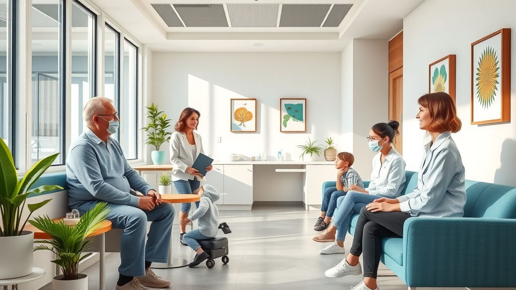 Diverse patients welcomed in a modern dental clinic waiting area for dentistry.