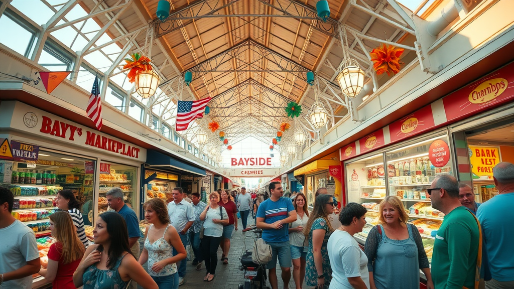 A lively marketplace scene at Bayside Marketplace, bustling with tourists and locals alike.