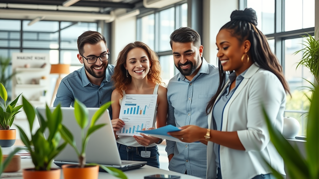 Diverse team using updigital marketing services to boost sales growth