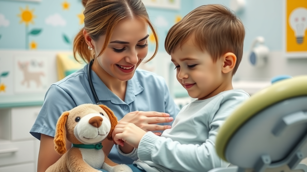 Dental hygienist comforting child with support dog, gentle dentistry care