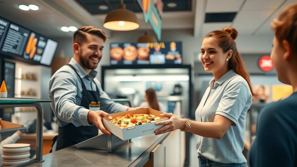 Hot pizza handed to customer at bright fast food counter showcasing quick fixes