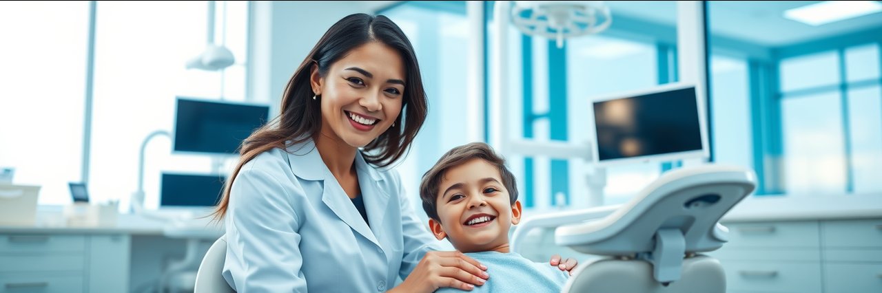 Dentistry & Orthodontics expert and young patient in modern dental clinic