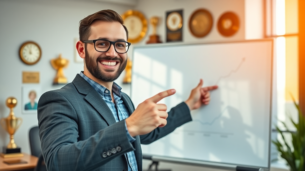 confident digital marketing professional pointing at a ppc marketing growth chart in an office