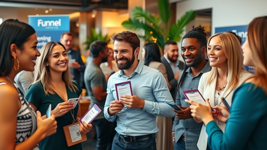 Marketers networking with Funnel Pages guides amid Miami event decor in 2025.