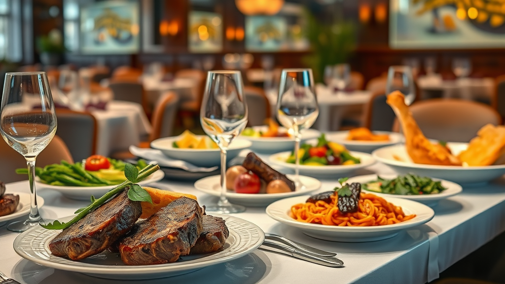 Continental restaurant table with beautifully presented cuisine and soft lighting