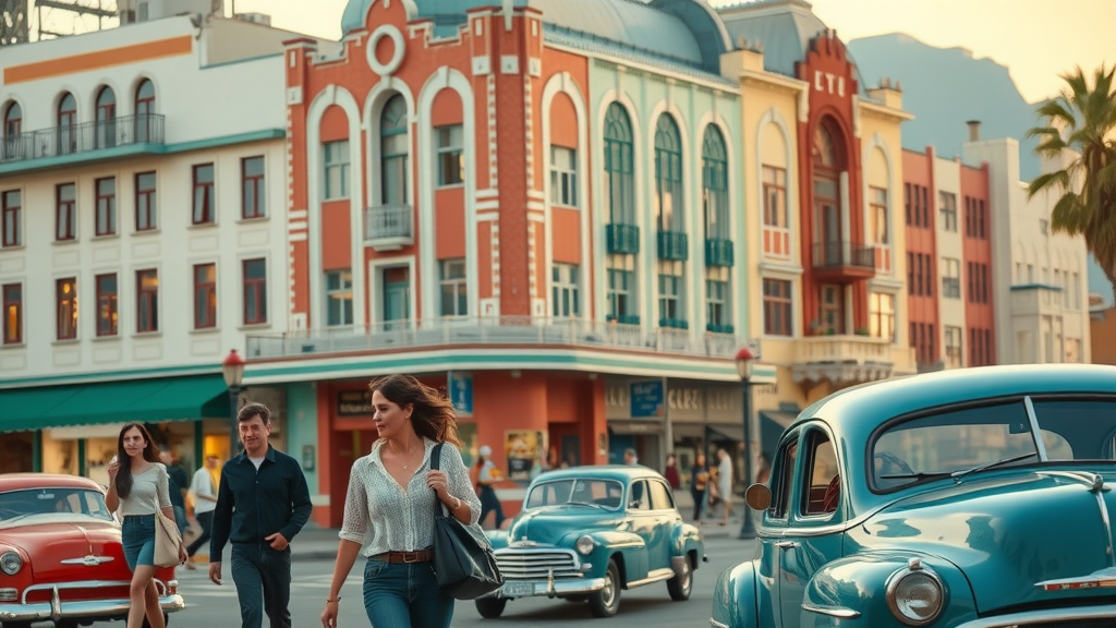 colorful Art Deco buildings, elegant expressions, tourists leisurely walking