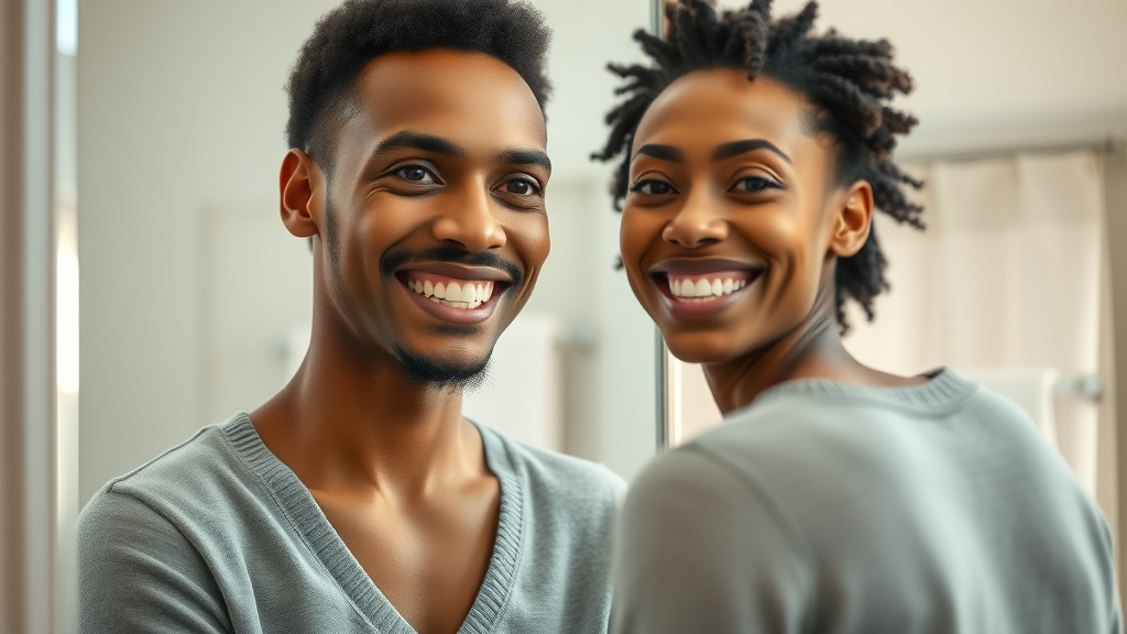 Happy young adult admiring improved smile after testfdd treatment