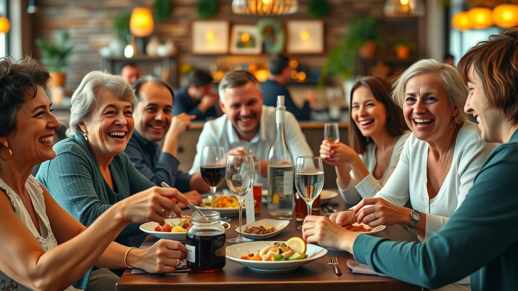group of satisfied diners expressing delight, joyous expression, enjoying a meal together, Photorealistic High Fidelity Lifelike, vibrant dining setting filled with laughter