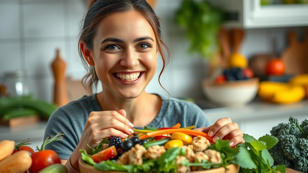 Balanced healthy meal featuring vibrant fruits and vegetables in a bright kitchen