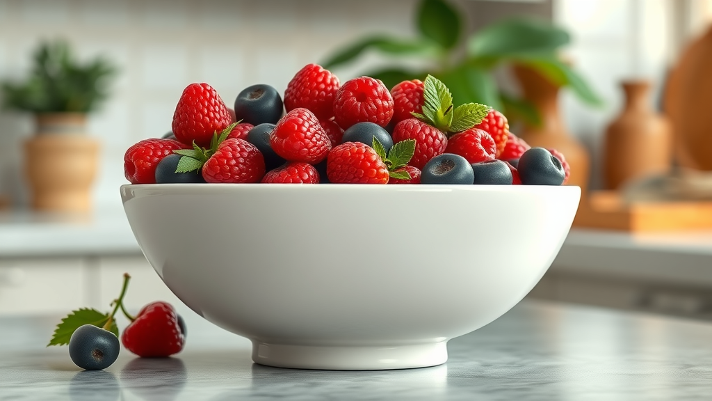 Bowl of ripe berries for lowering blood pressure, healthy diet, eating plan, diet