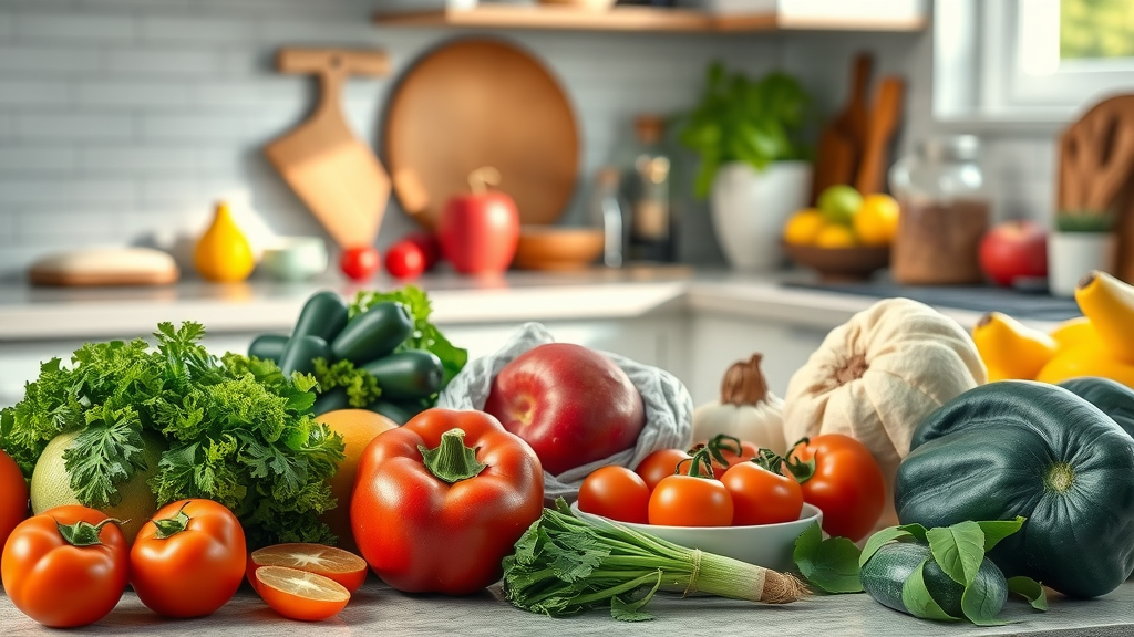 fresh vegetables and fruits arranged invitingly, promoting healthy eating and health tips