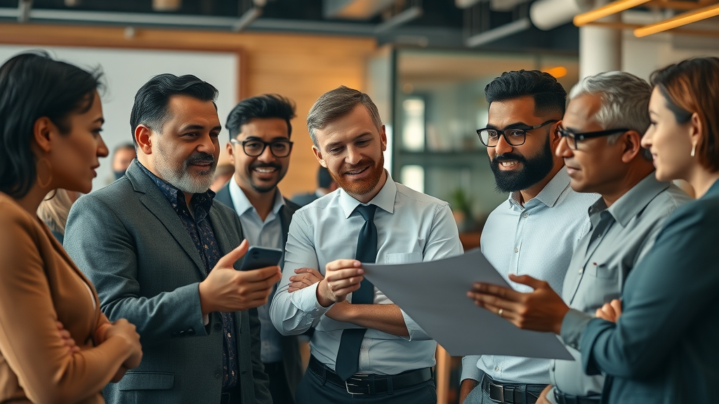 diverse consultants discussing strategies in a multicultural, dynamic workspace