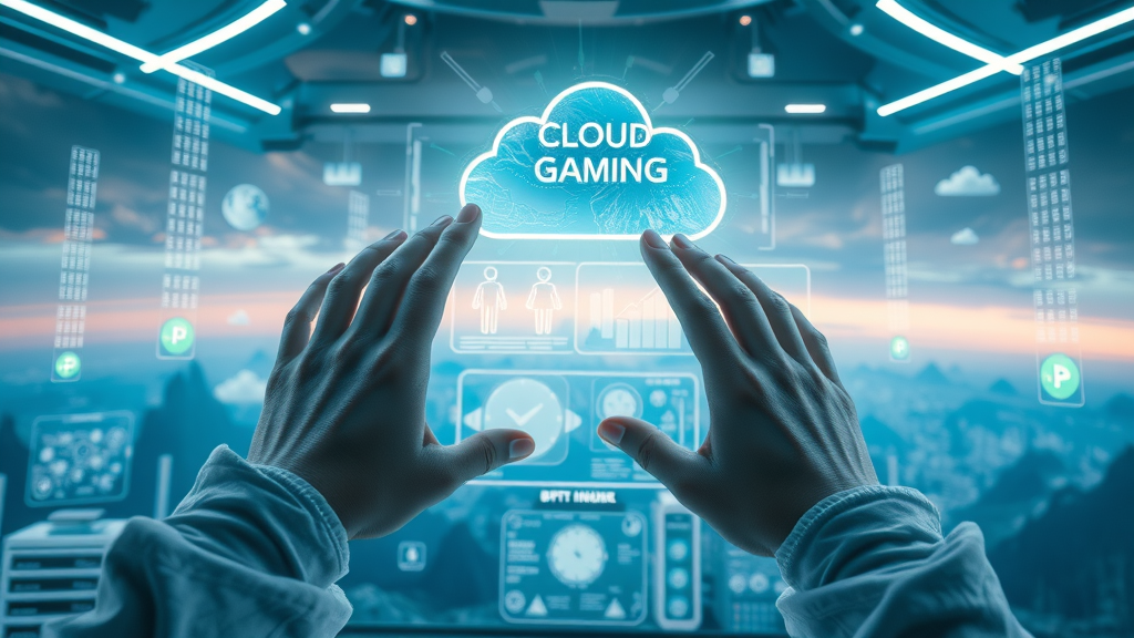 futuristic cloud gaming hub digital interface video games 2025