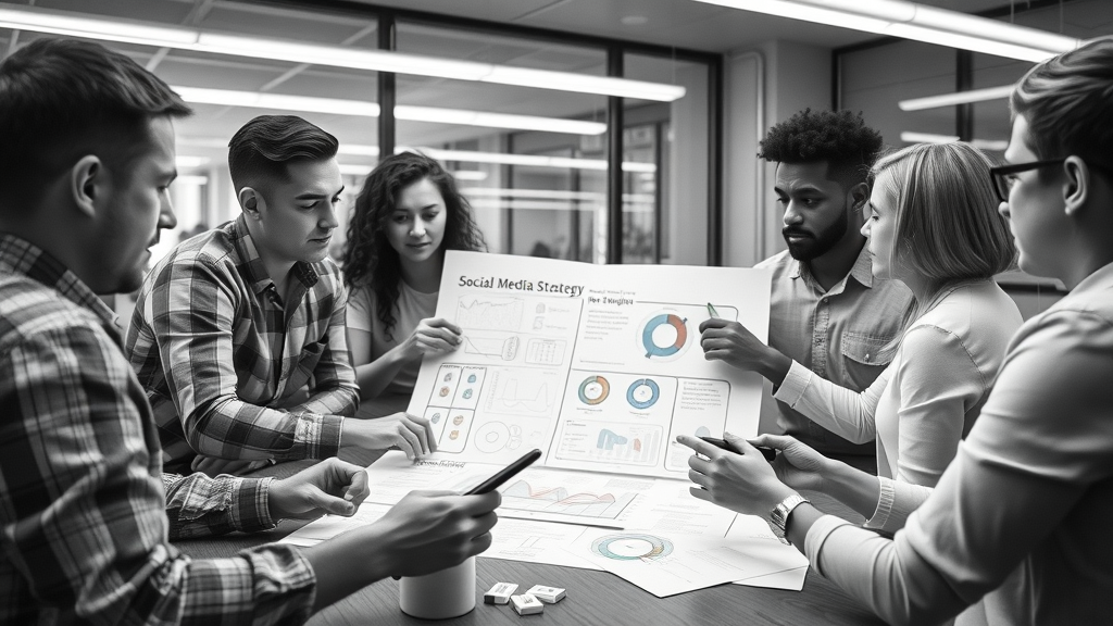 diverse team planning social media strategy content distribution