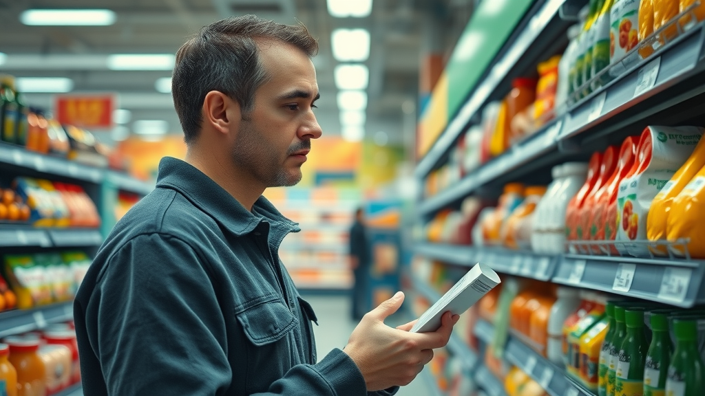 someone comparing food labels in a grocery store to reduce added sugars, key to health tips