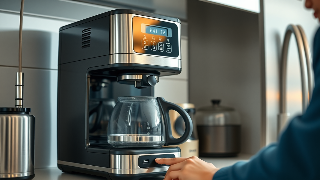 High-tech programmable coffee maker in a sleek kitchen, programmable coffee maker
