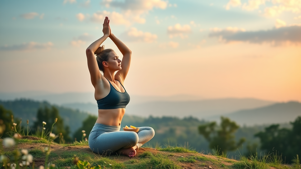 Harmonious lifestyle with balanced diet, exercise, and mindful living outdoors