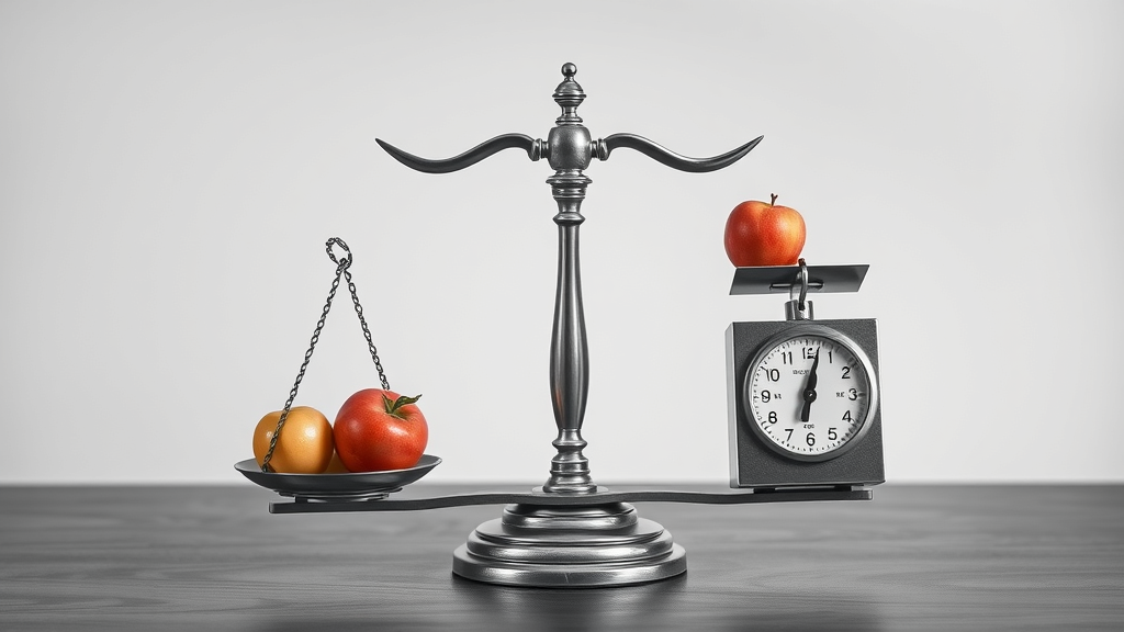 balanced scale with fruits and weights, symbolizing healthy weight and weight loss health tips