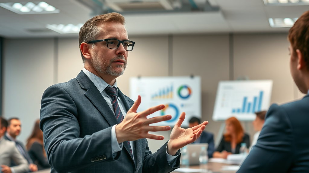 expert management consultant presenting solutions with lifelike charts in a corporate meeting