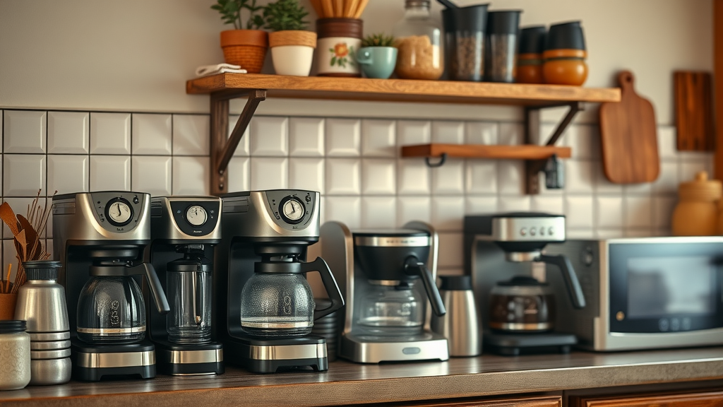 Cozy kitchen with multiple coffee makers, coffee makers