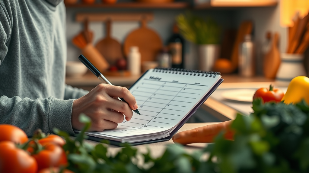 Person creating a meal plan, diet, eating plan, healthy diet, vibrant vegetables, cozy kitchen