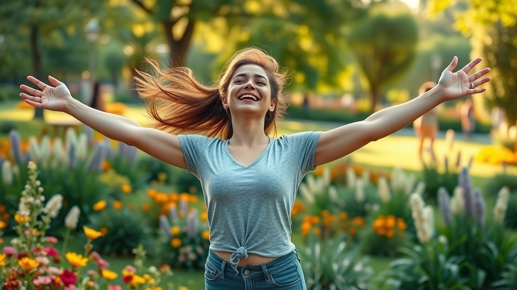 Inspirational healthy lifestyle transformation with joyful stretching outdoors, vibrant park, healthy diet, diet, eating plan