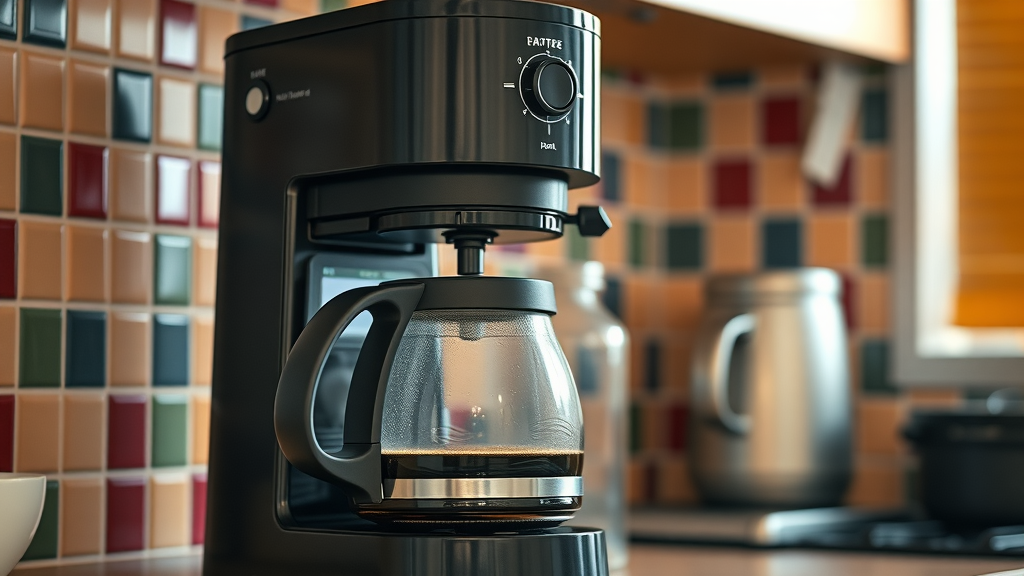 Modern drip coffee maker brewing in a cozy kitchen, drip coffee makers
