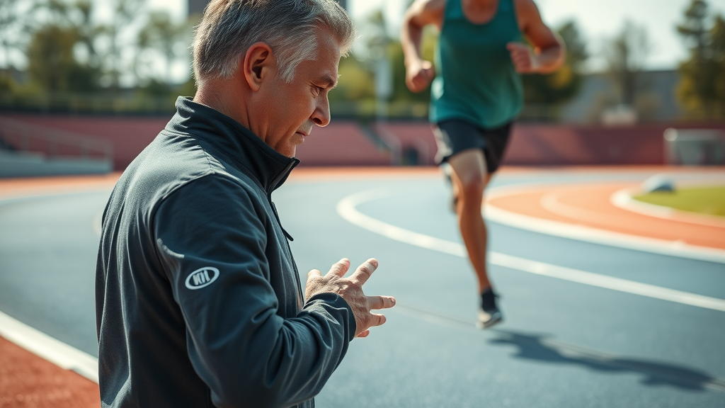 running coach analyzing runner's stride technique for optimal running performance
