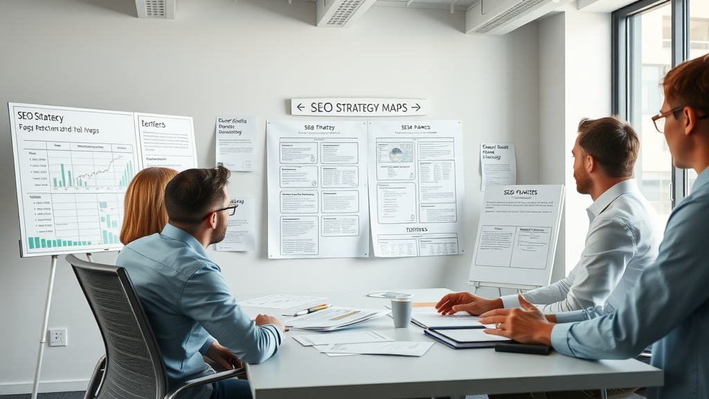 Seo marketing tips demonstrated by organized workspace with SEO strategy boards and a focused team collaborating on site maps