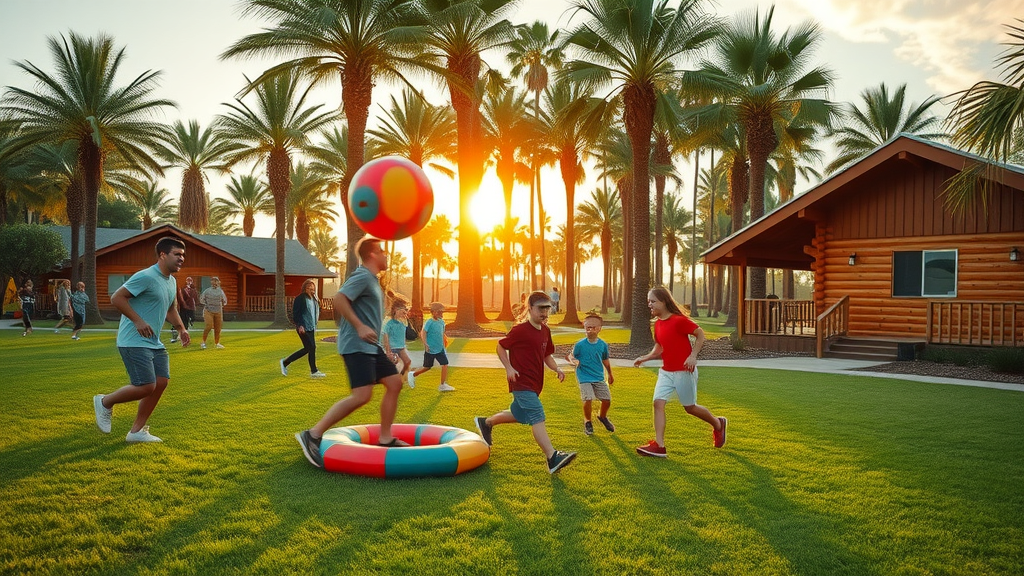 Group enjoying camping florida activities at sunset in a lush, modern campground