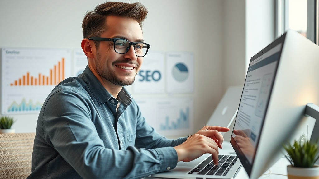 Seo marketing tips illustrated by web designer crafting SEO-optimized content on modern computer