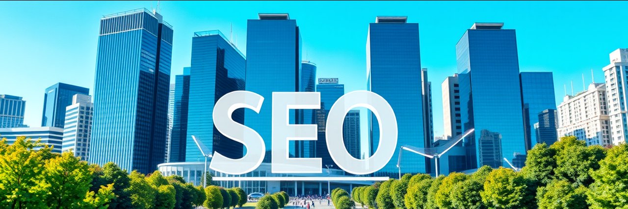 SEO marketing services branding on modern cityscape with office buildings