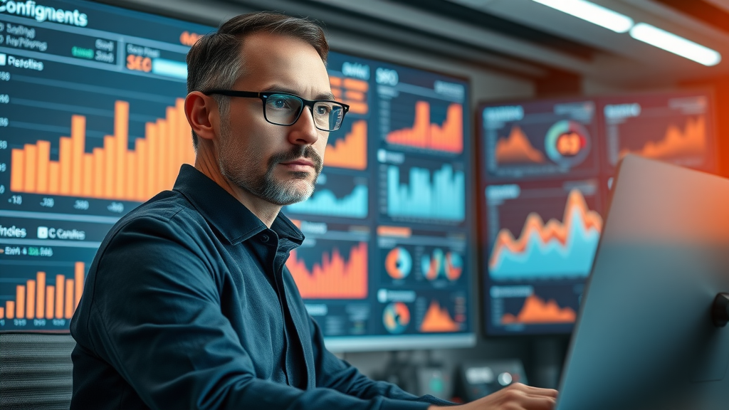 Seo marketing tips exemplified by expert analyst monitoring SEO KPIs on large digital dashboard