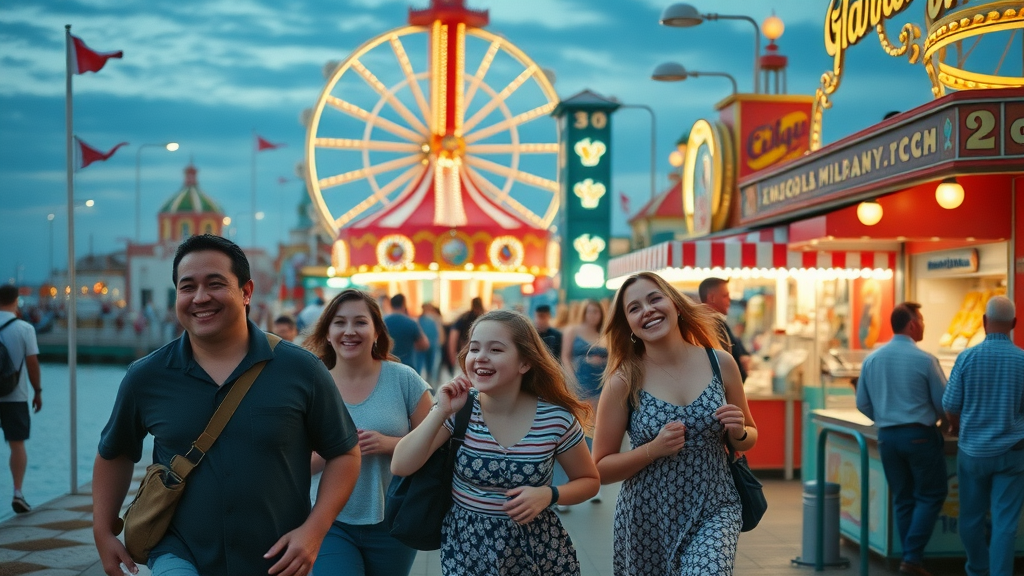 Families play games and watch performers at the 2025 Disney Boardwalk event.