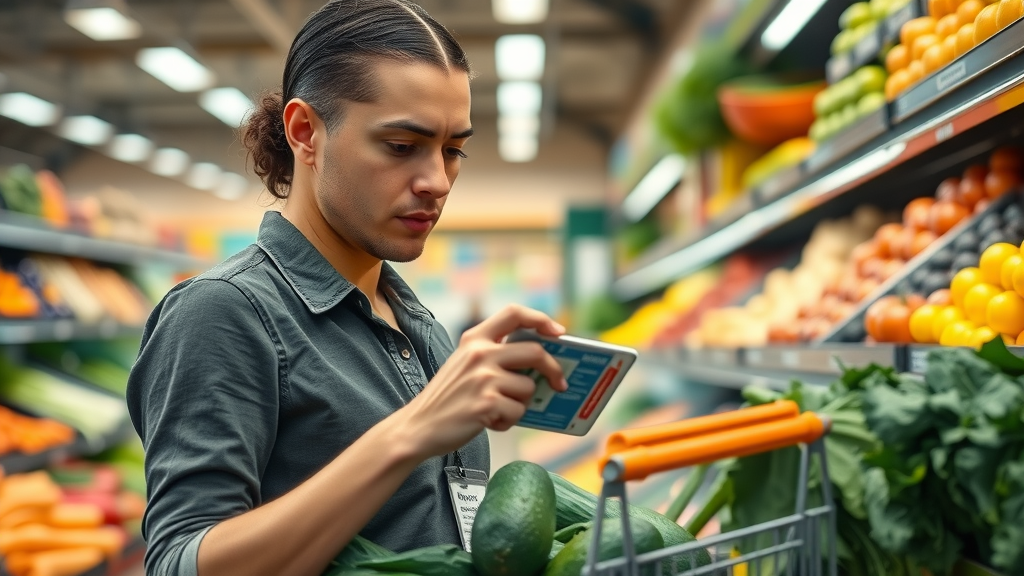 Shopper checking nutrition label of vegetables in grocery store, choosing keto diet foods