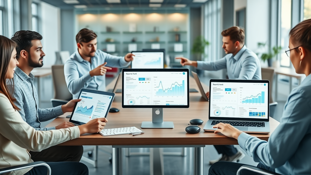 Seo marketing tips represented by tabletop comparison of top SEO tools in collaborative workspace