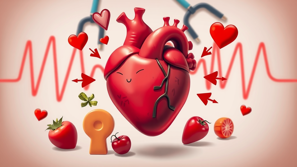 Heart health concept, heart symbol with healthy food items, blood pressure, heart health, medical backdrop
