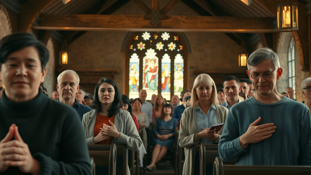 Guests in reflective prayer inside Camp Impact's wooden chapel
