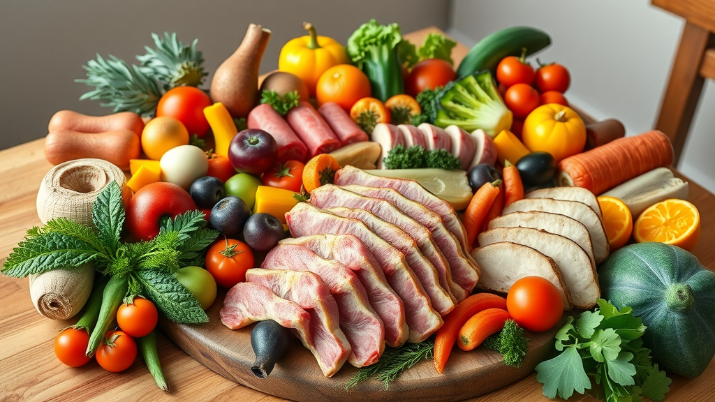 Colorful Paleo food arrangement with vibrant fruits, vegetables, and lean meats, paleo diet, natural kitchen table