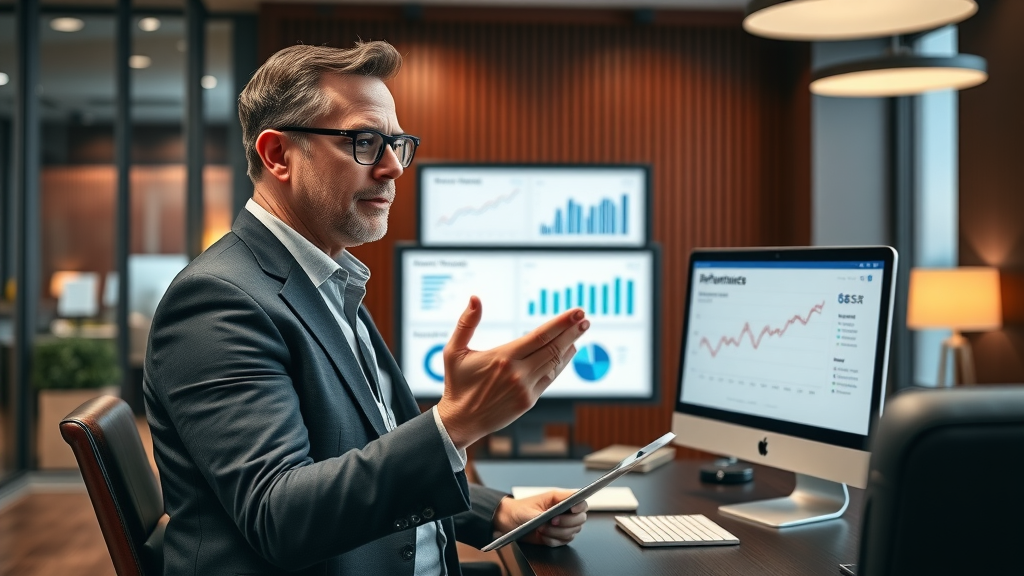 SEO consultant reviewing marketing performance reports and charts confidently