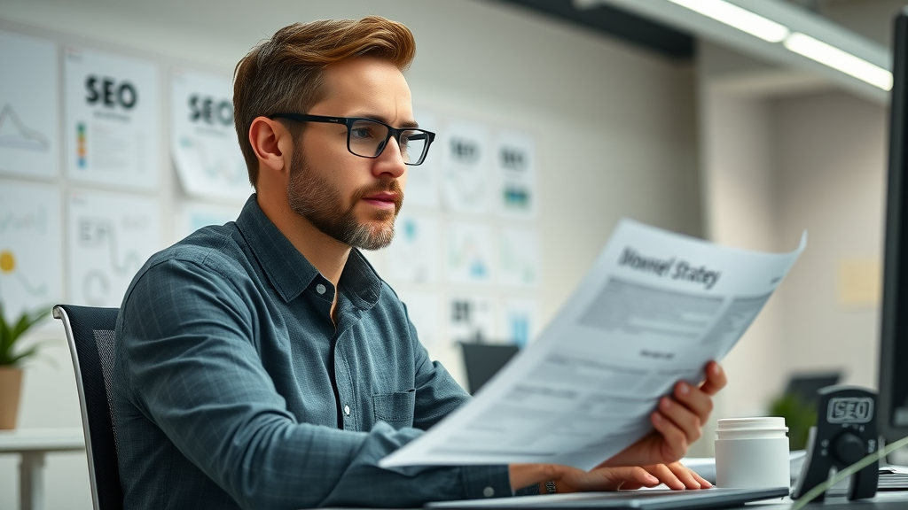 Digital marketer reviewing SEO strategy documents emphasizing seo marketing basics