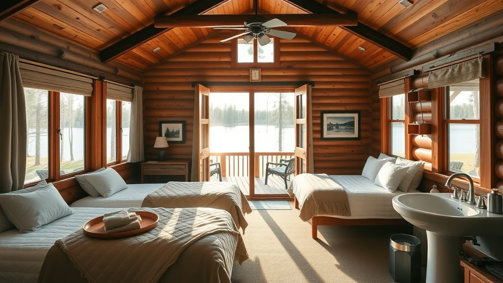 Luxury cabin camping florida interior with lake view, sunlight, and cozy beds