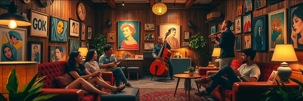 Soulful vintage art and entertainment space in SF, people enjoying retro decor.