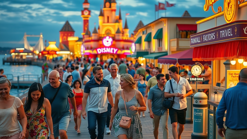 Disney Boardwalk nightlife with vibrant crowds and sparkling waterfront in Orlando