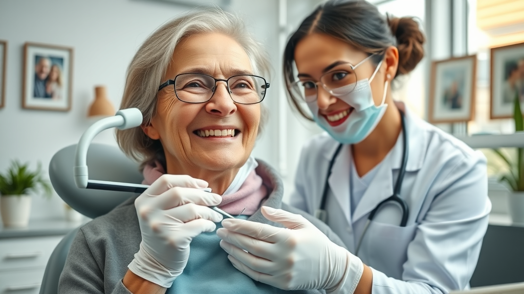 Senior patient enjoying gentle family dentistry in a modern, friendly clinic.