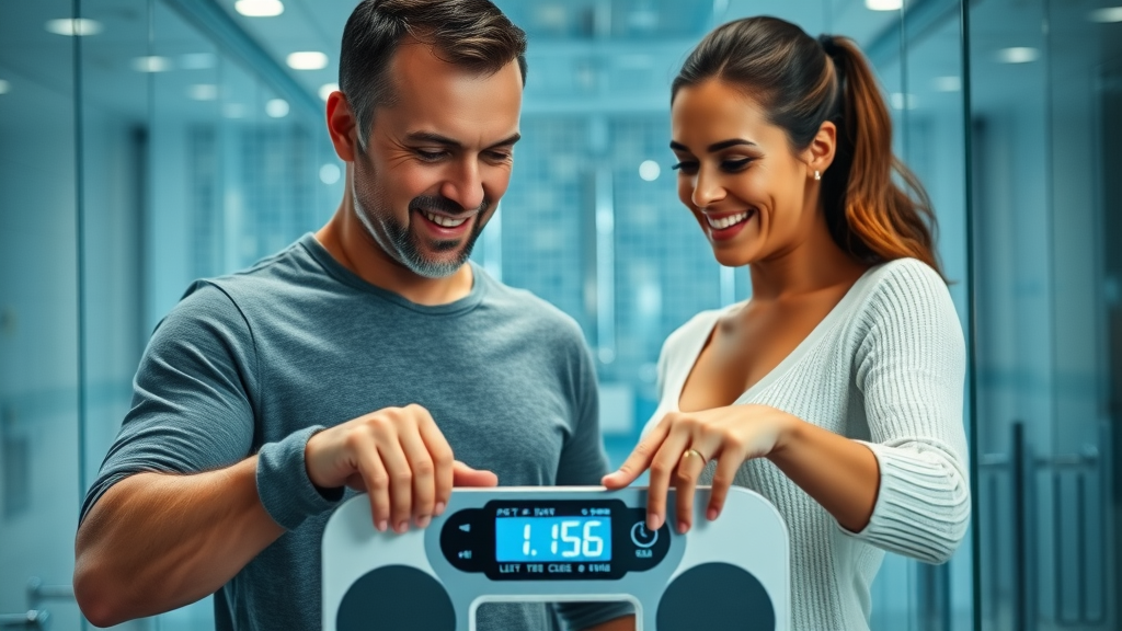 Man and woman tracking weight loss results on digital scale while following the keto diet